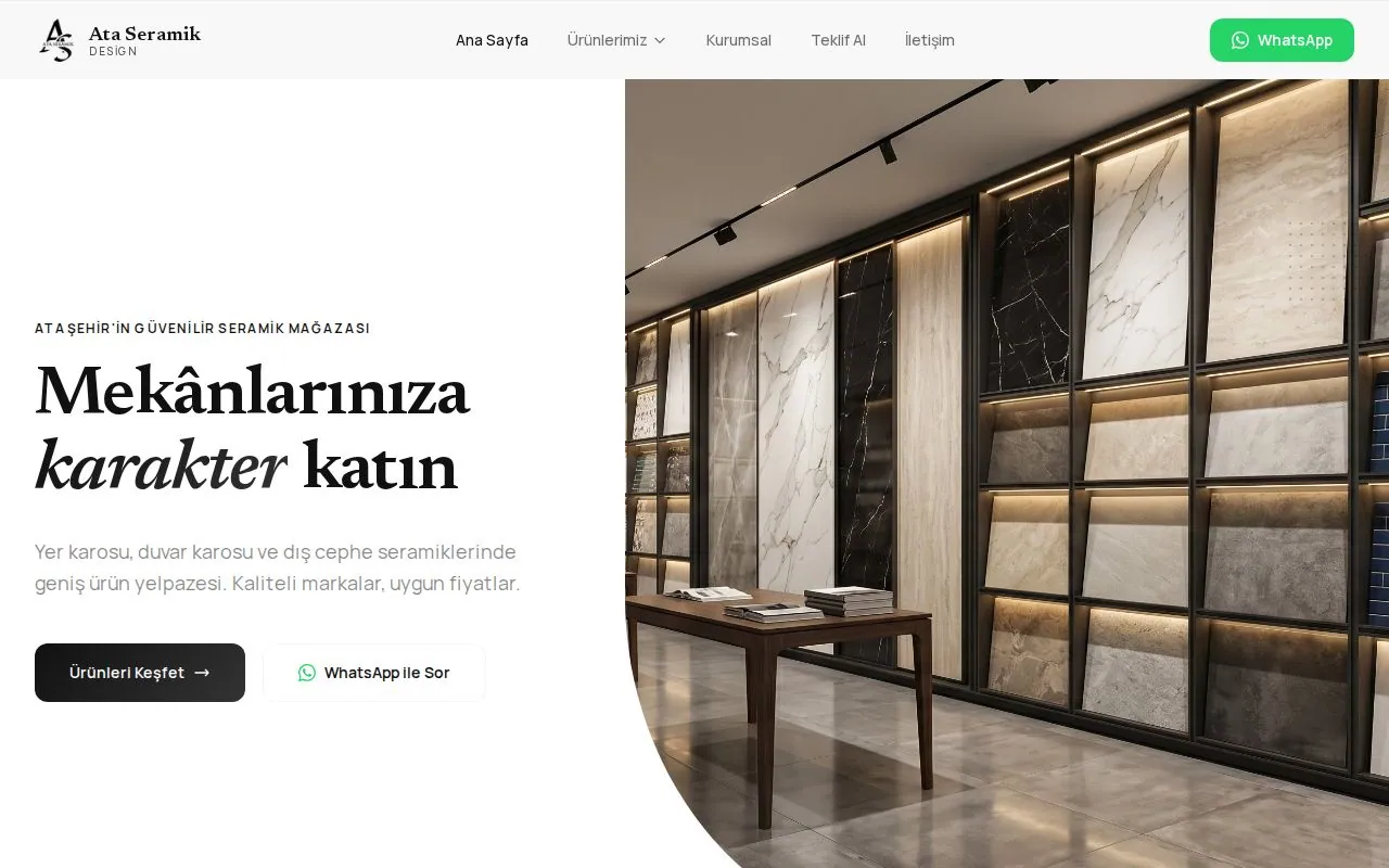 Ata Seramik web sitesi, ana sayfa ekran görüntüsü
