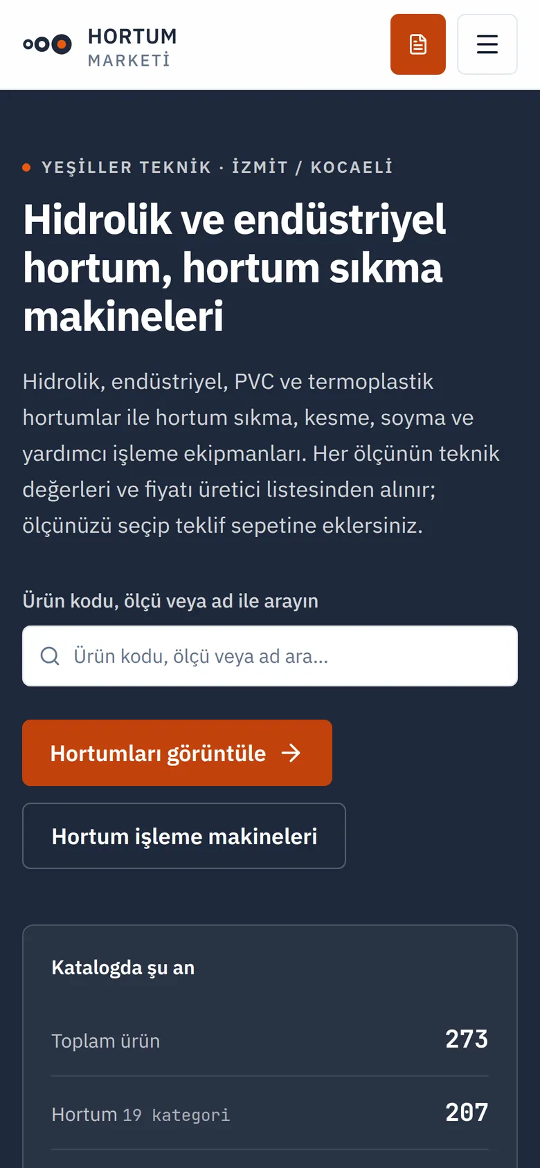Hortum Marketi mobil görünüm ekran görüntüsü