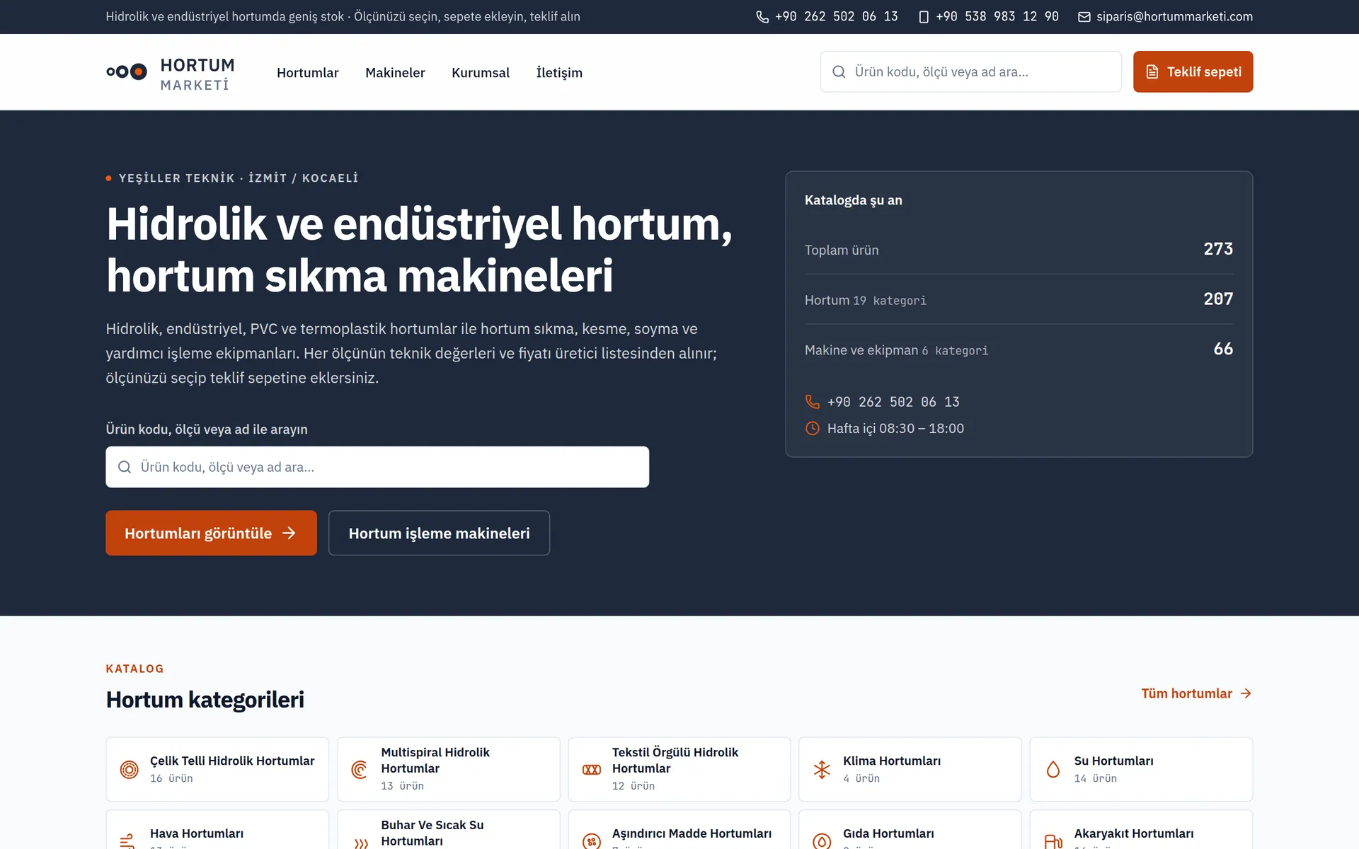 Hortum Marketi web sitesi, ana sayfa ekran görüntüsü