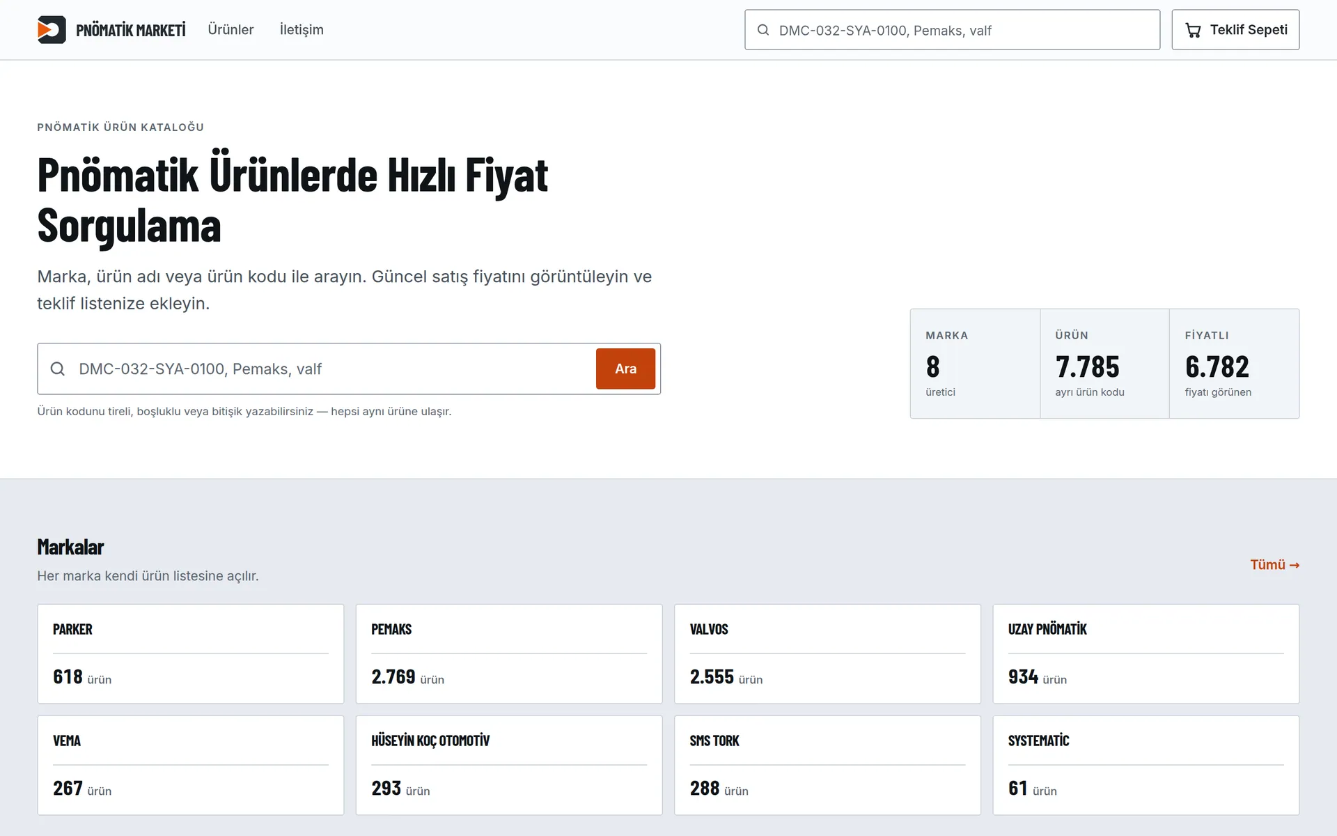 Pnömatik Marketi web sitesi, ana sayfa ekran görüntüsü